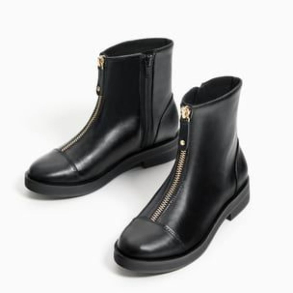 NWOT: Zara Black Mid-High Boots with Gold Zipper